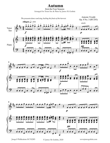 Vivaldi: Autumn from the Four Seasons for Tenor Sax & Piano