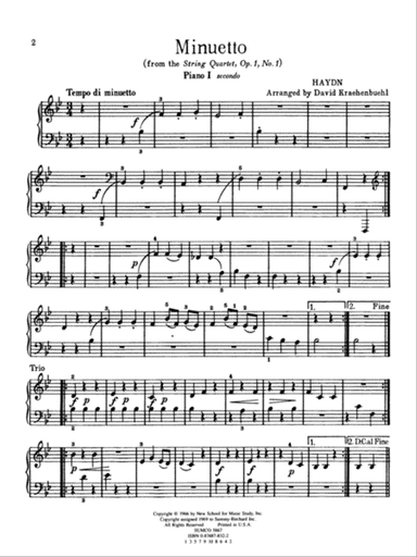 Minuetto from String Quartet, Opus 1, No. 1 - Piano Quartet (2 Pianos, 8 Hands)