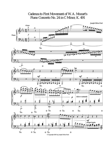 Cadenza to the First Movement of W. A. Mozart's Piano Concerto No. 24 in C Minor, K. 491 - piano sol
