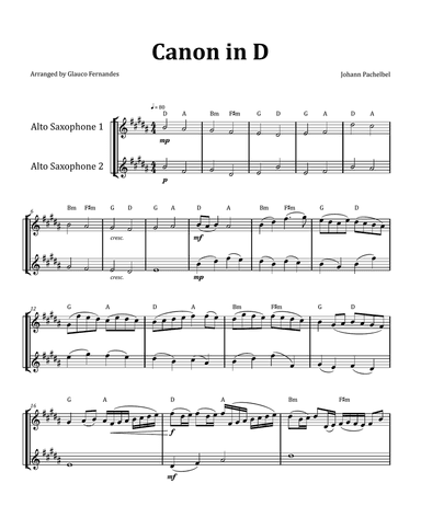 Canon by Pachelbel - Alto Saxophone Duet with Chord Notation
