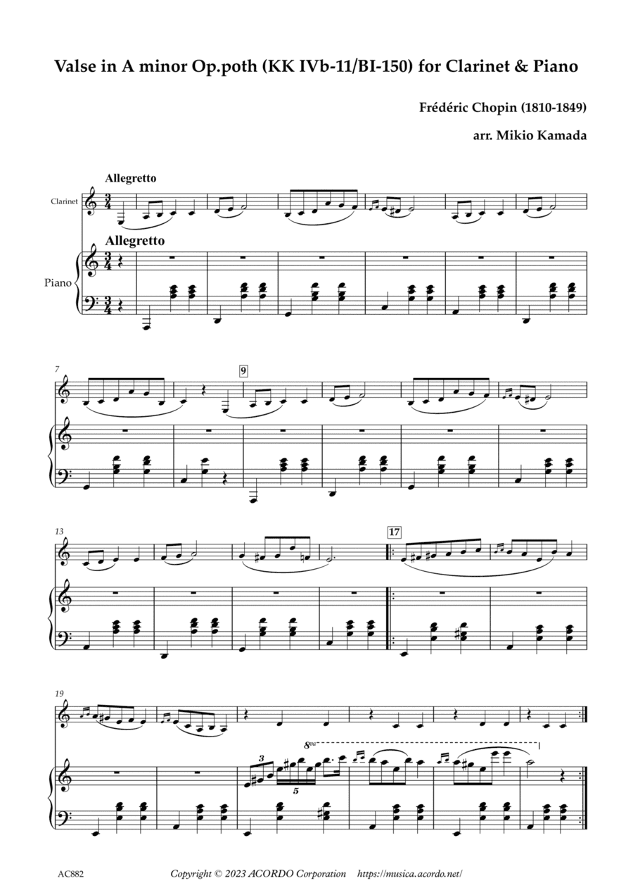 Valse in A minor Op.poth (KK IVb-11/BI-150) for Clarinet & Piano