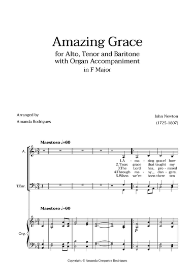 Amazing Grace in F Major - Alto, Tenor and Baritone with Organ Accompaniment