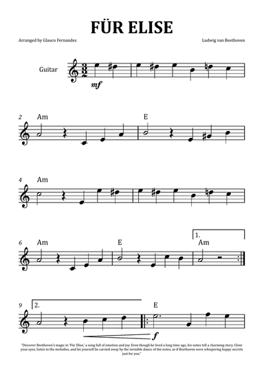 Für Elise by Beethoven - Guitar Solo with Chord Notation