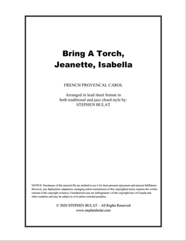 Bring A Torch, Jeanette, Isabella - Lead sheet arranged in traditional and jazz style (key of E)