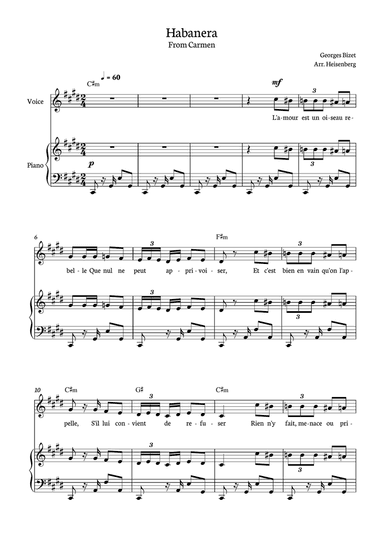 Habanera - Carmen for piano, chords and voice in C# minor.