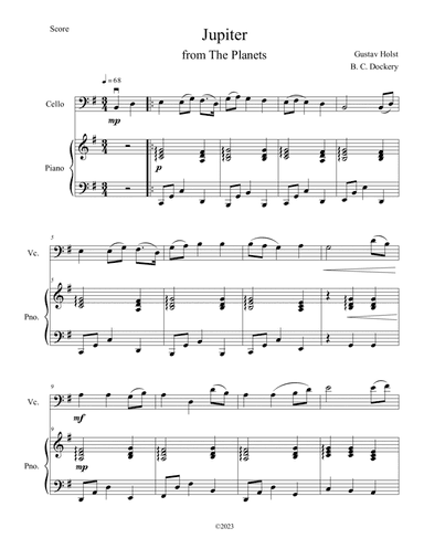 Jupiter (from The Planets) for Cello Solo with Piano Accompaniment