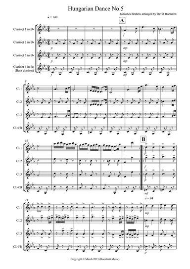 Hungarian Dance No.5 for Clarinet Quartet