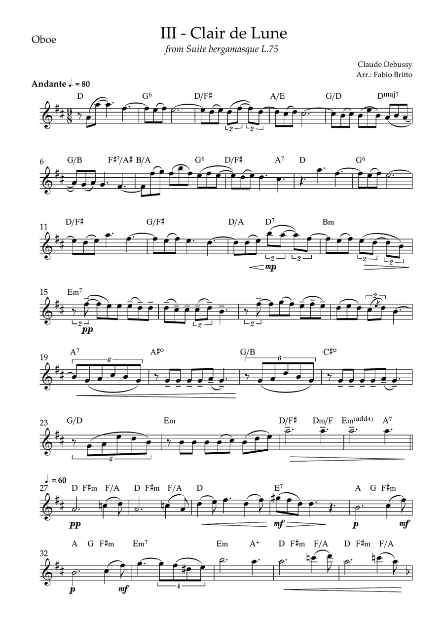 Clair de Lune (C. Debussy) for Oboe Solo with Chords (D Major)