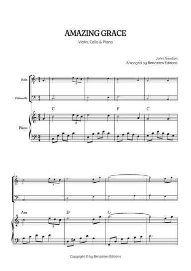Amazing Grace • easy violin and cello sheet music with piano accompaniment (and chords)