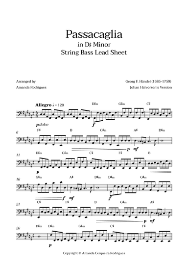 Passacaglia - Easy String Bass Lead Sheet in D#m Minor (Johan Halvorsen's Version)