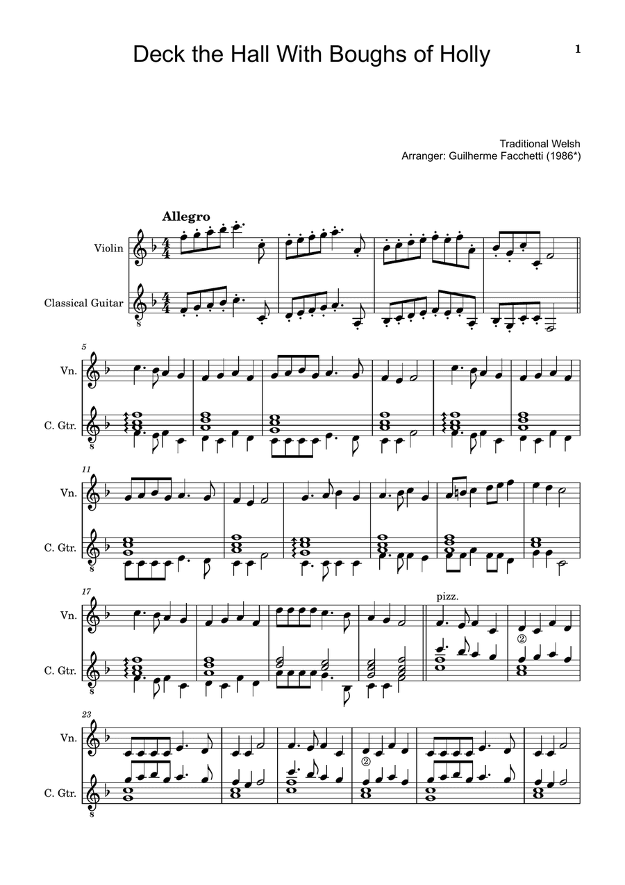 Traditional Welsh - Deck the Hall With Boughs of Holly. For Violin and Classical Guitar