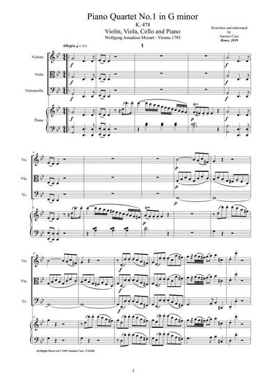 Mozart - Piano Quartet No.1 in G minor K 478 for Violin,Viola, Cello and Piano - Score and Parts