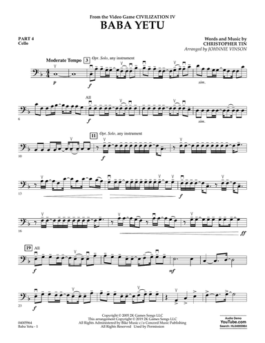 Baba Yetu (from Civilization IV) (arr. Johnnie Vinson) - Pt.4 - Cello