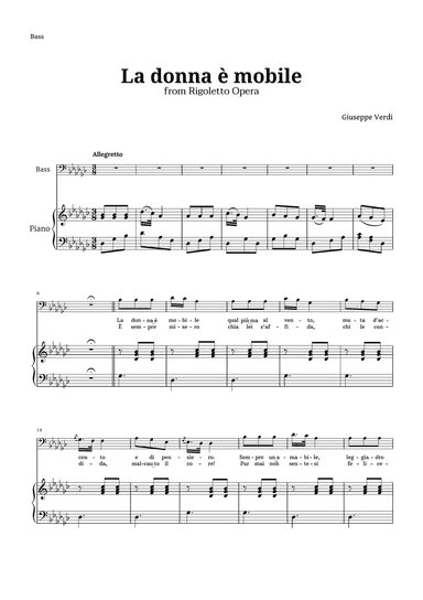 La donna è mobile in G-flat major for Bass and Piano
