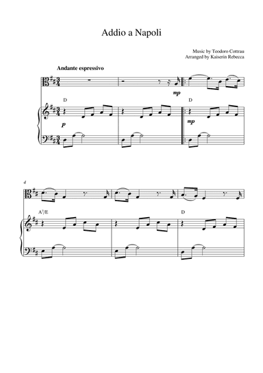 Addio a Napoli (for viola solo and piano accompaniment)