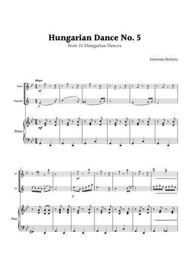Hungarian Dance No. 5 by Brahms for Flute and Clarinet Duet with Piano