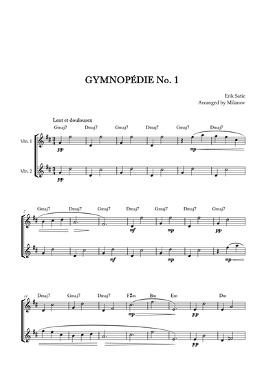 Gymnopédie no 1 | Violin Duet | Original Key | Chords | Easy intermediate