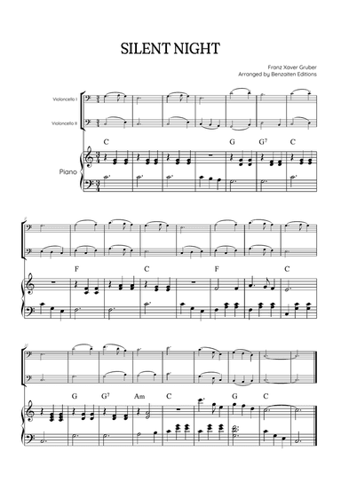 Silent Night for cello duet with piano accompaniment • easy Christmas song sheet music (w/ chords)