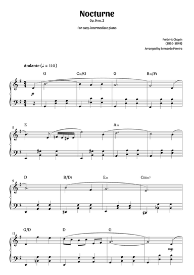 Nocturne Op. 9 no. 2 (easy-intermediate piano in G major – clean with chords)