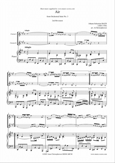 Bwv 1068: Air 2nd Movement - 2 Clarinets and Piano