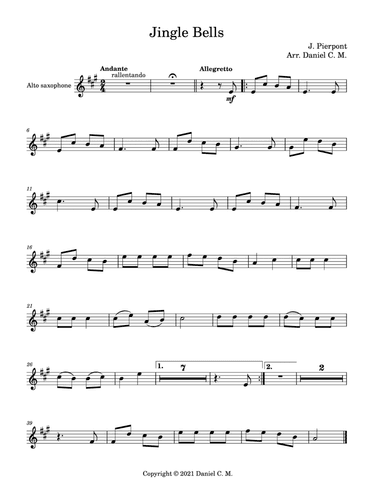 Jingle Bells for alto saxophone and piano (easy)