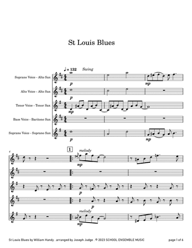 St Louis Blues by Handy for Saxophone Quartet in Schools