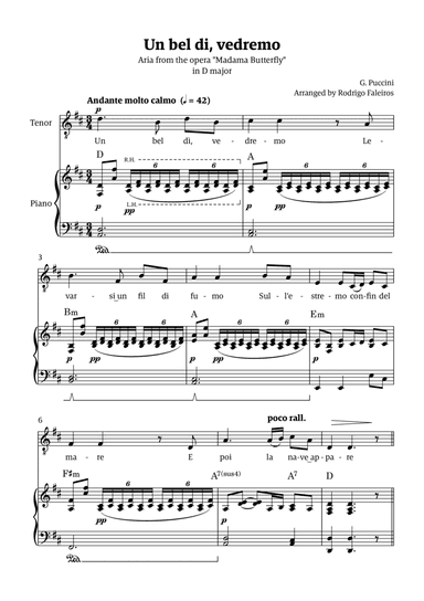 Un Bel Di Vedremo (from Madama Butterfly) - for Tenor - in D major