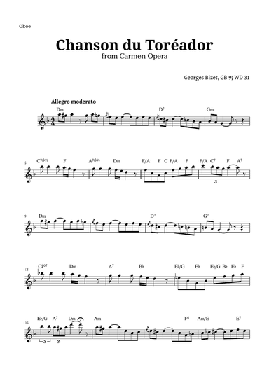 Chanson du Toreador by Bizet for Oboe