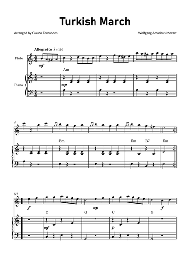 Turkish March by Mozart - Flute and Piano with Chord Notations
