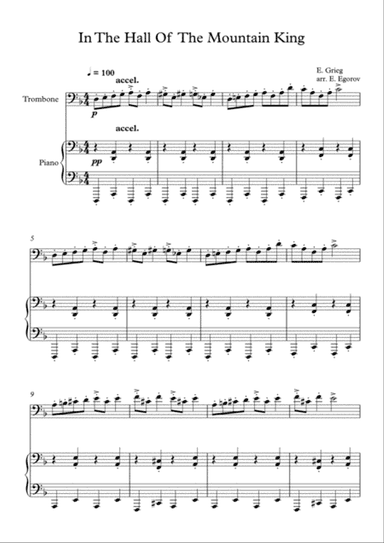 In The Hall Of The Mountain King, Edvard Grieg, For Trombone & Piano