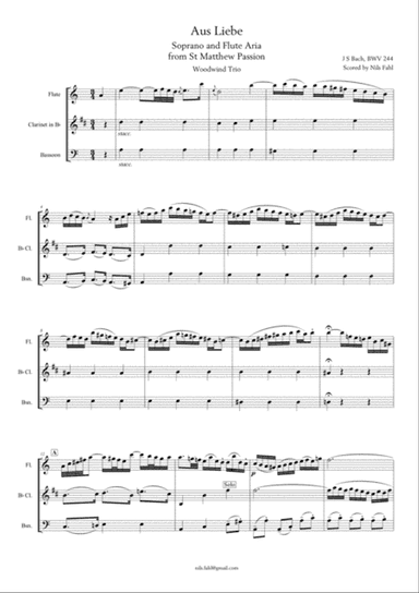 J S Bach Aus Liebe from St Matthew Passion, BWV 244. Woodwind Trio