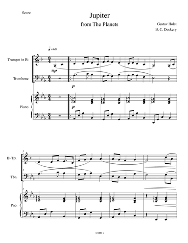 Jupiter (from The Planets) for Trumpet and Trombone Duet with Piano Accompaniment