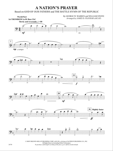 A Nation's Prayer (Based on "God of Our Fathers" and "The Battle Hymn of the Republic"): (wp) 1st B-flat Trombone B.C.