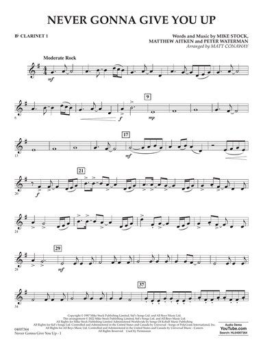 Never Gonna Give You Up (arr. Matt Conaway) - Bb Clarinet 1