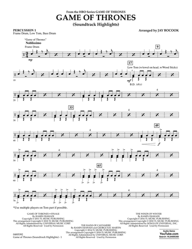 Game Of Thrones (Soundtrack Highlights) (arr. Jay Bocook) - Percussion 1
