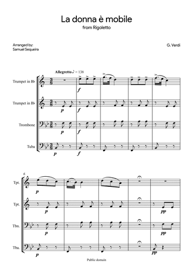 La donna è mobile - Brass Quartet (2 Trumpets; Trombone; Tuba)