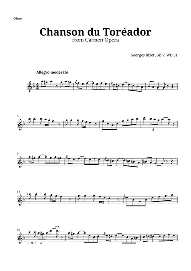 Chanson du Toreador by Bizet for Oboe