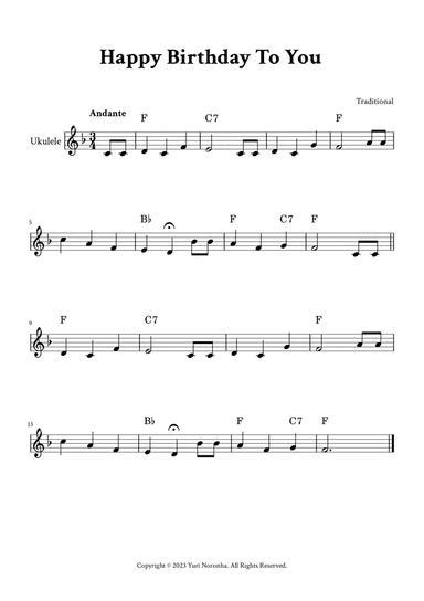 Happy Birthday To You - For Ukulele (F Major - with Chords)
