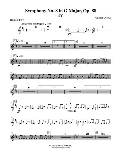 Dvorak Symphony No. 8, Movement IV - Horn in F 4 (Transposed Part), Op. 88