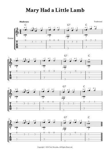 Mary Had a Little Lamb - Fingerstyle Guitar (with TAB, Chords, Fingering)