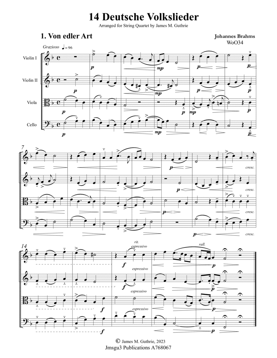 Brahms: 14 Deutsche Volkslieder WoO34 for String Quartet