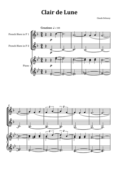 Clair de Lune by Debussy - French Horn Duet with Piano