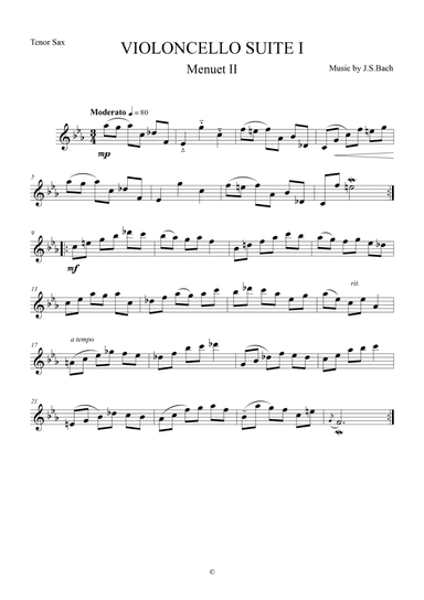 Menuet II from Violoncello Suite I by J.S.Bach for Tenor Saxophone