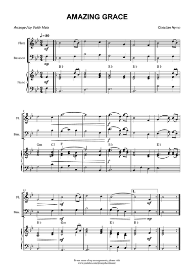 Amazing Grace - Flute and Bassoon Duet with Piano Accompaniment and Chord Symbols