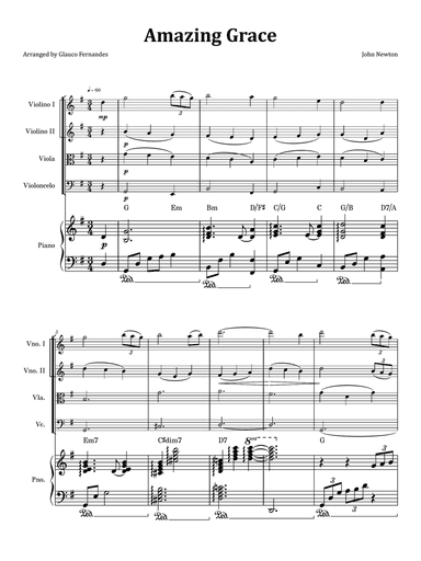 Amazing Grace - String Quartet & Piano with Chord Notation