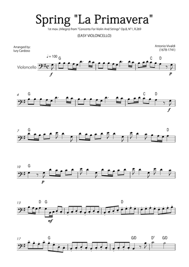 "Spring" (La Primavera) by Vivaldi - Easy version for CELLO SOLO