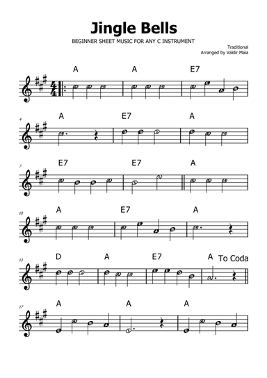 Jingle Bells - A Major (with note names)
