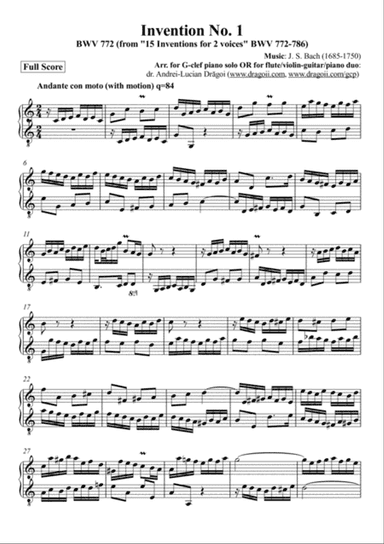 Bach (J.S.) - Invention No. 1 BWV 772 (from "15 Inventions for 2 voices" BWV 772-786) Arr. for G-cle