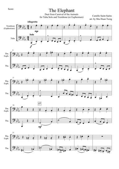 The Elephant Duet from Carnival of the Animals for Tuba Solo and Trombone (or Euphonium)
