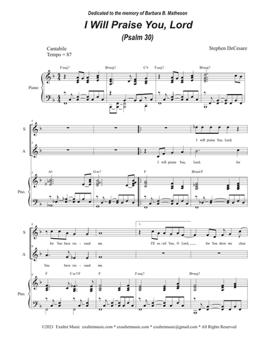 I Will Praise You, Lord (Psalm 30) (Duet for Soprano and Alto solo)